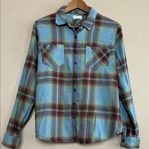 Tartan Casual Layering Men’s Button-Up Flannel Shirt Teal and Burgundy Sz. Large